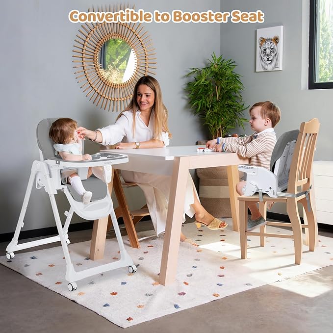 Ezebaby Foldable Baby High Chair, 3-in-1 Convertible High Chairs to Booster Seat, Portable High Chair with Adjustable Height and Recline, Removable Tray & Toy Bar