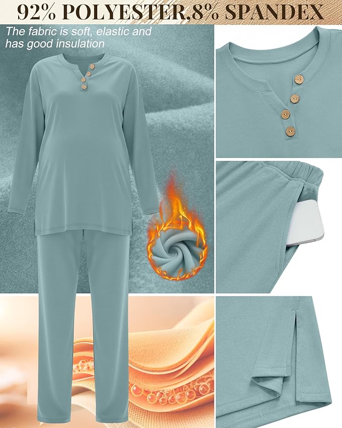 2 Piece Thermal Maternity Lounge Set Postpartum Pregnancy Fleece Loungewear Long Sleeve Top and Wide Leg Pant