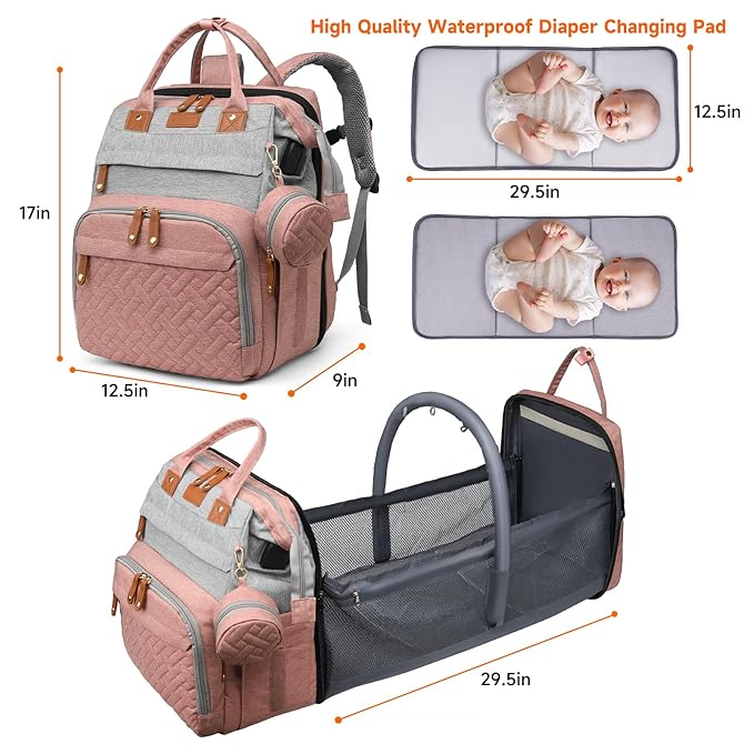 Baby Diaper Bags with Changing Station Multifunctional Waterproof Diaper Bag Backpack Travel Baby Bag with Changing Pad, Pacifier Case,Baby Essentials(PinkGrey)