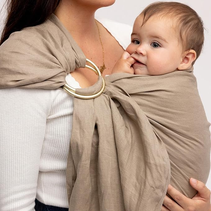 WildBird - Ring Sling Baby Carrier - 0-36 Months (up to 35 lbs) - Standard (74") Desert Lark & Bronze Ring - Front, Hip or Back Carry - Adjustable Fit - Natural Linen - Baby Essentials - New Mom Gifts