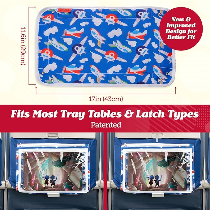 Lusso Gear Airplane Tray Table Cover - Organize Kids Travel Essentials - Snack & Toy Pockets for Airplane Toys for Toddlers 1-3 - iPad and Tablet Stand for Travel Toddler Essentials (Unicorns)
