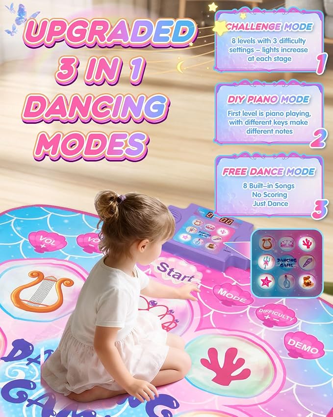 Dance Mat with 9 Light-Up Buttons, Dance Mats for Girls 3-12 Featuring 8 Games & 3 Speeds, Kids Dance Mat with Built-in Music, Standby Mode, Adjustable Volume, Birthday Gifts for 3+ Girls