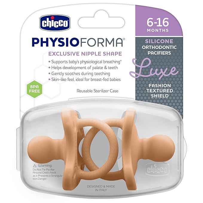 Chicco PhysioForma Luxe Orthodontic Pacifier, 6-16m | 100% Soft Silicone | Supports Breathing & Oral Development | Textured Shield & Handle | Includes Sterilizing Case | BPA Free | Cantaloupe, 2pk