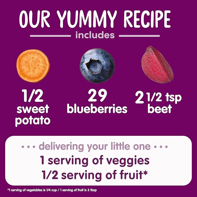 Happy Baby Organics Stage 2 Baby Food Pouches with One Full Serving of Veggies, Nutritious Snack, Clearly Crafted Fruit & Veggie Puree, Sweet Potatoes, Blueberries, & Beets, 4 Ounces - 16 Pack