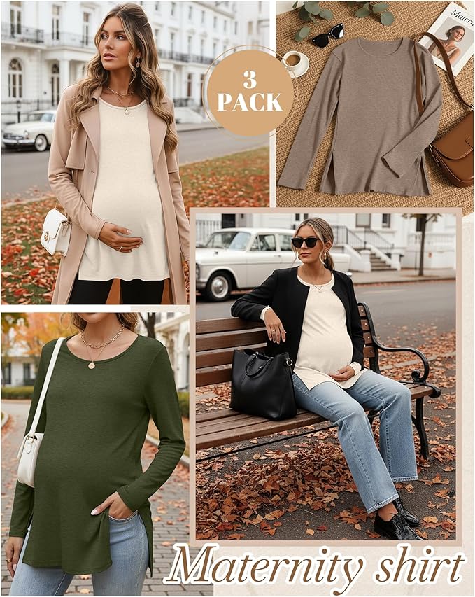 Riyiper 3 Pack Women's Maternity Long Sleeve T-Shirts Round Neck Side Split Tops Loose Casual Pregnancy Mama Clothes Fall