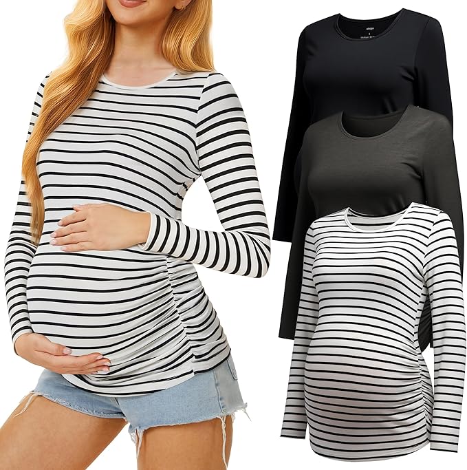 3 Pack Maternity Shirts Long Sleeve Pregnancy Top for Women with Crew Neck Casual Tee Shirts