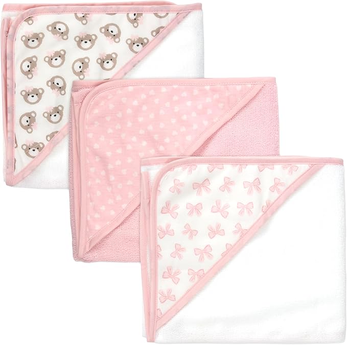 Hooded Baby Bath Towel and Washcloth 6 Piece Set for Newborns, Infants & Toddlers, Boys & Girls Baby Hooded Towels Set (Pink Bows and Teddy Bears)
