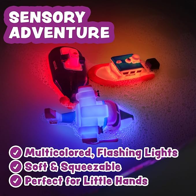 Tub Works® Ocean Rescue™ Vehicles Light Up Bath Toys, 6 Pack | Water-Activated Light Up Toys Flash & Change Color | Easy-Grip Baby & Toddler Bath Toys | Sensory Toys with Bath Lights for Kids Bath