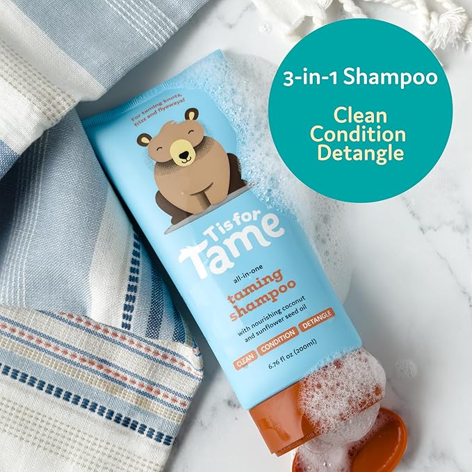 T is for Tame - 3-in-1 Baby Shampoo, Conditioner & Detangler for Kids – Tear-Free, Hypoallergenic, Cleanses, Conditions, Detangles with Plant-Based Ingredients - 6.76 fl oz