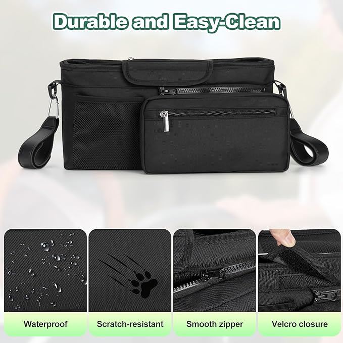 Universal Stroller Organizer Bag, Stroller Caddy with Insulated Cup Holders & Detachable Phone Bag and Shoulder Strap, Stroller Bag for Baby Accessories Fits Most Strollers On Travel, Walks (Black)