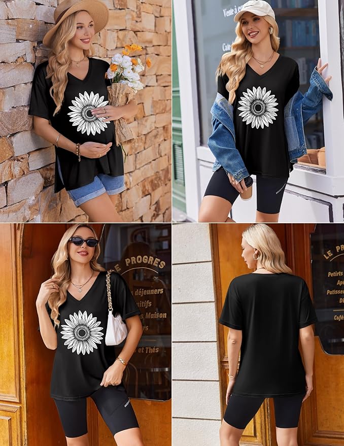 Ekouaer 3 Packs Women's Maternity Shirts V Neck Pregnancy Tops Short Sleeve Casual Workout Tees Side Split Mama Clothes