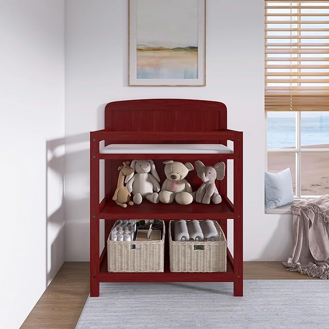 Dream On Me Anna 3-in-1 Convertible Full-Size Baby Crib & Changer with Storage in Cherry, GreenGuard Gold & JPMA, Pinewood, Converts to Day & Toddler Bed, 3 Mattress Heights, 1″ Changing Pad
