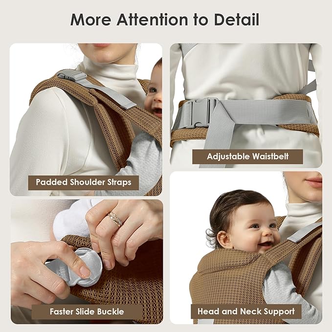Baby Carrier Newborn to Toddler, Easy Adjustable Toddler Carrier for 7-30lbs, Baby Holder Wrap Carrier, Breathable Mesh Fabric Infant Kangaroo Hip Carriers with Lumbar Support, Brown