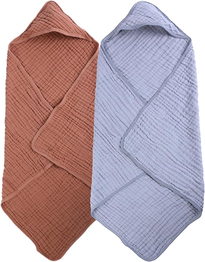 Newborn Hooded Towels 2-Pack, 100% Cotton Plain Weave Muslin Baby Bath Towels, Soft & Absorbent, 32x32 Inches (Sand Red + Milan)