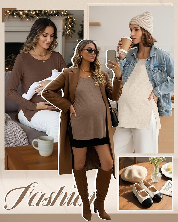 Riyiper 3 Pack Women's Maternity Long Sleeve T-Shirts Round Neck Side Split Tops Loose Casual Pregnancy Mama Clothes Fall