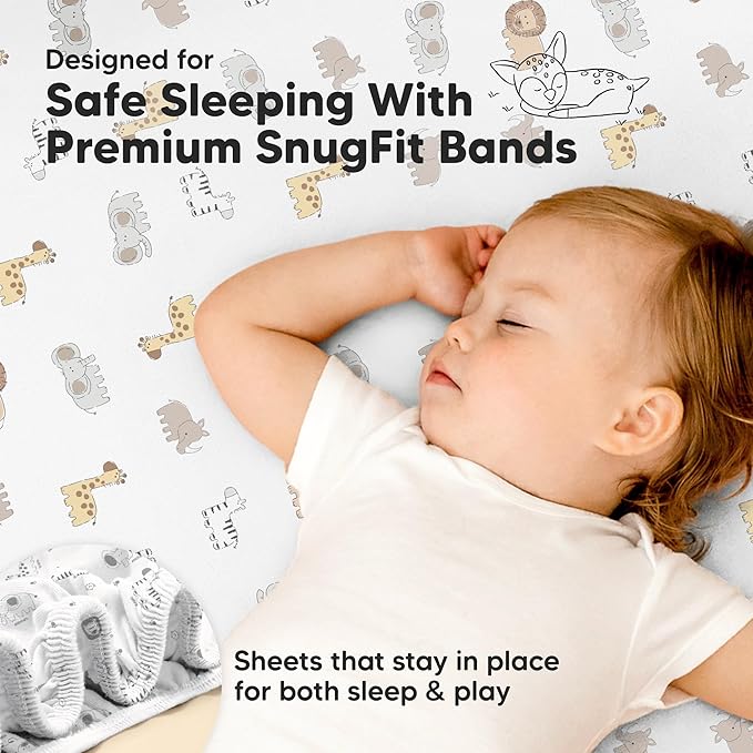 Pack and Play Sheets Fitted - 2-Pack Mini Crib Sheets for Pack N Play Mattress 38x26, Soft & Cozy, Neutral Toddler Playard Bedding, Snug Fitted Mini Baby Crib Mattress Cover Boy, Girl (KeaSafari)
