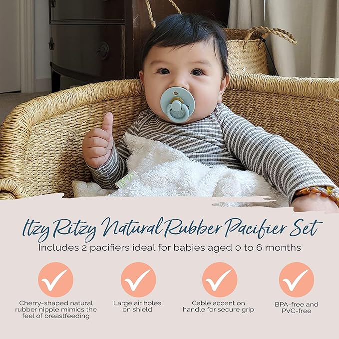 Itzy Ritzy Natural Rubber Newborn Pacifiers (Set of 2) – Baby Pacifiers with Cherry-Shaped Nipple & Large Air Holes for Added Safety; Set of 2 Binkies in Harbor & Coast (Ages 0 – 6 Months)