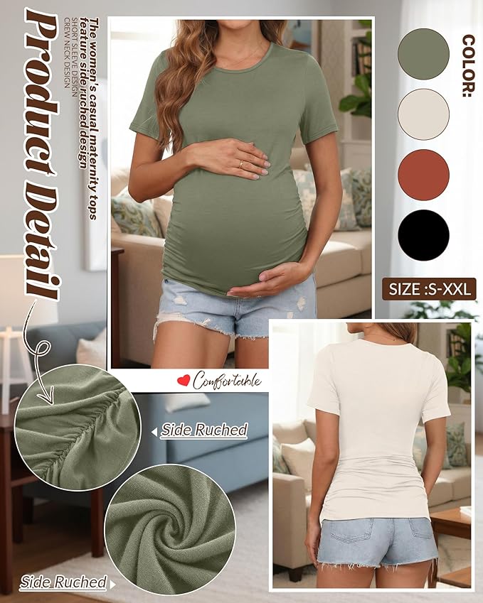 Huukeay 4 Pack Women's Maternity Shirts, Crew Neck Maternity Top Short Sleeve Casual Cotton Tee Side Ruched Pregnancy Clothes
