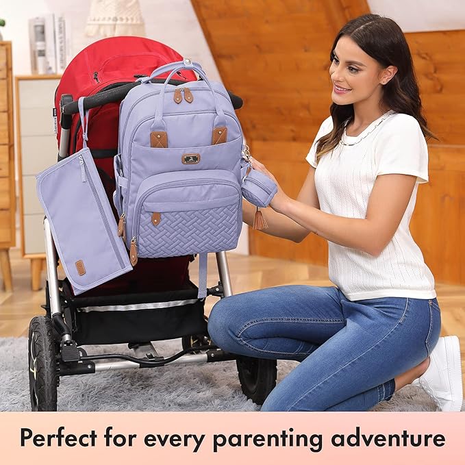 Dikaslon Diaper Bag Backpack with Portable Changing Pad, Pacifier Case and Stroller Straps, Large Unisex Baby Bags for Boys Girls, Multipurpose Travel Back Pack Moms Dads, Taro Purple