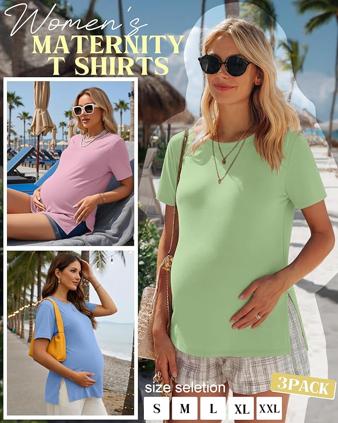 Ficerd 3 Pack Women's Maternity T Shirts, Short Sleeve Side Split Pregnancy Tops Casual Crew Neck Pregnant Tees Mama Clothes