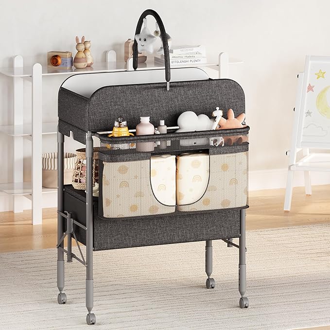 Adjustable Height Baby Changing Table with Wheels, Collapsible Diaper Station with 2 Drawers & Storage, Mobile Nursery Organizer with Waterproof Top for Newborns (Grey)