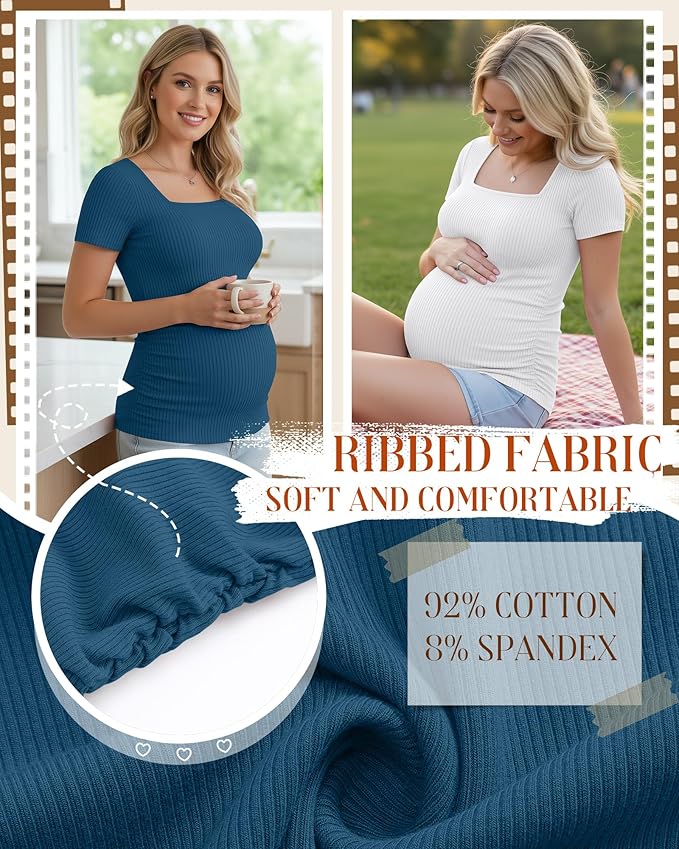 Huukeay 4 Pack Women's Maternity Shirts Cotton Ribbed Short Sleeve Square Neck Pregnancy Tops Side Ruched Summer Tee