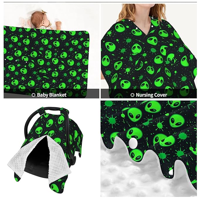 Green Alien Head Baby Car Seat Canopy Nursing Cover for Newborn Car Seat Breastfeeding Covers Blanket Newborn Shower Gift