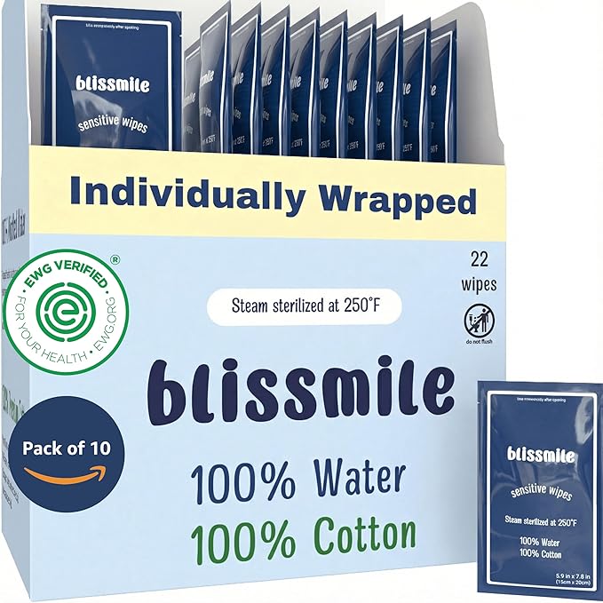 blissmile 100% Water & Cotton Wet Wipes Travel Size - Individually Wrapped - Fragrance & Preservative-Free for Baby, Women & Sensitive Skin - Gentle Hand, Face, Body & Feminine Care - 220 Count