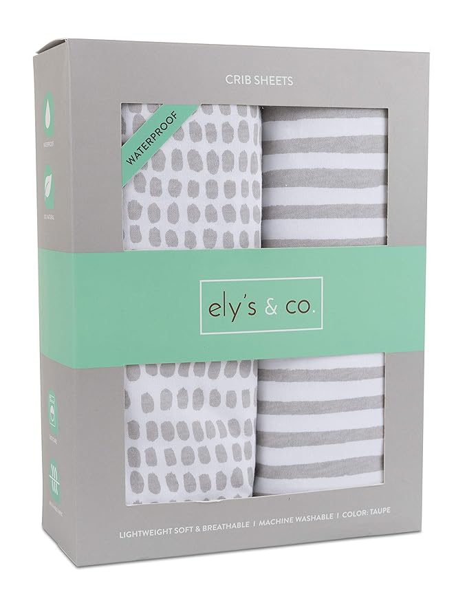 Ely’s & Co. Waterproof Crib Sheet/Toddler Bed Sheets – All-in-One Mattress Protector and Fitted Sheet – Soft Jersey Cotton, Grey Splash & Stripes, Gender Neutral Nursery Bedding Essential – 2-Pack