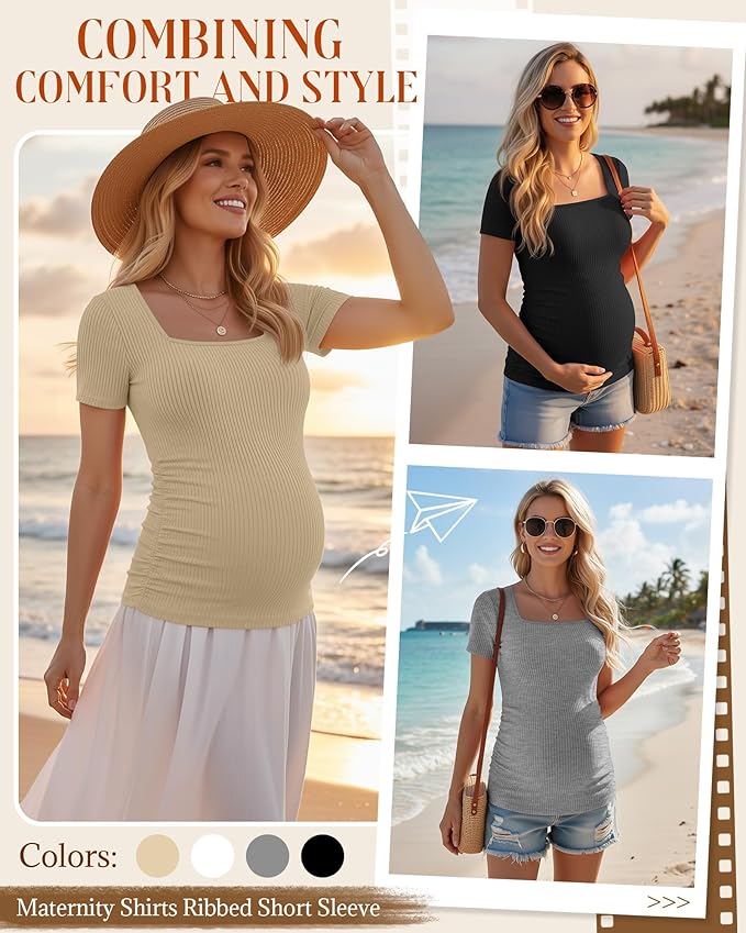 Huukeay 4 Pack Women's Maternity Shirts Cotton Ribbed Short Sleeve Square Neck Pregnancy Tops Side Ruched Summer Tee
