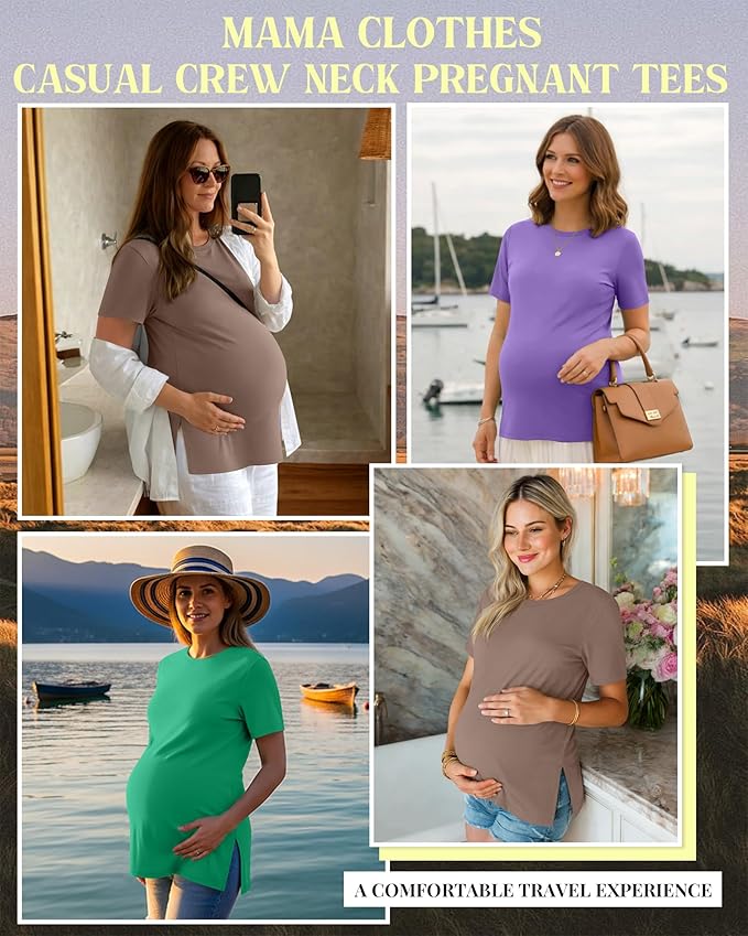 Ficerd 3 Pack Women's Maternity T Shirts, Short Sleeve Side Split Pregnancy Tops Casual Crew Neck Pregnant Tees Mama Clothes