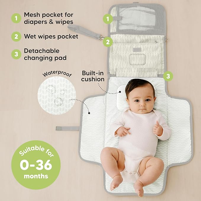 KeaBabies Portable Diaper Changing Pad - Large Waterproof Baby Changing Mat, Compact Travel Diaper Clutch, Functional Pockets Fit Newborn Essentials, Wipeable & Padded Baby Changer (Prism)
