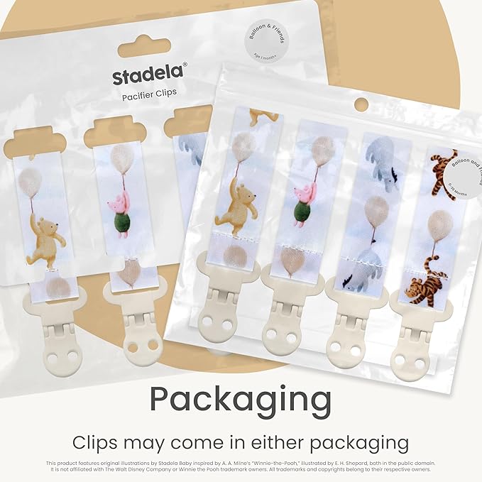 Stadela Baby Pacifier Clip Holder - Girl or Boy Unisex Neutral 4 Pack Gift Set – Vintage Classic Winnie Teddy Bear and Friends