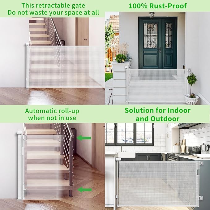 Upgraded Retractable Baby Gate for Stairs, 33"Tall Expands 71"Wide Ideal Safety Solution Dog Gate for Stairs Doorways Hallways Indoor Outdoor Mesh Baby Gate Retractable Screen Door(White,86CMx180CM)