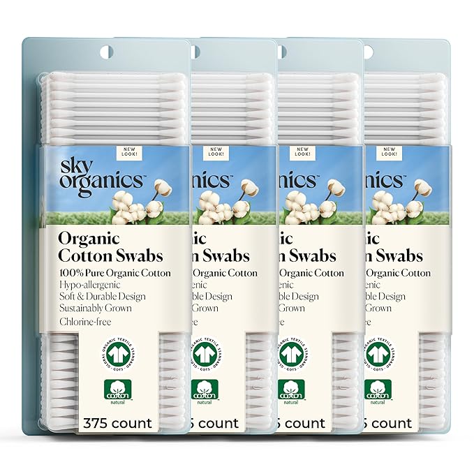 Sky Organics - Organic Cotton Swabs with Ultra Soft Tips - Strong & Durable - Hypoallergenic - Chlorine Free - Sustainable - Natural, Vegan & Cruelty Free - 1500 Count (Pack of 4)