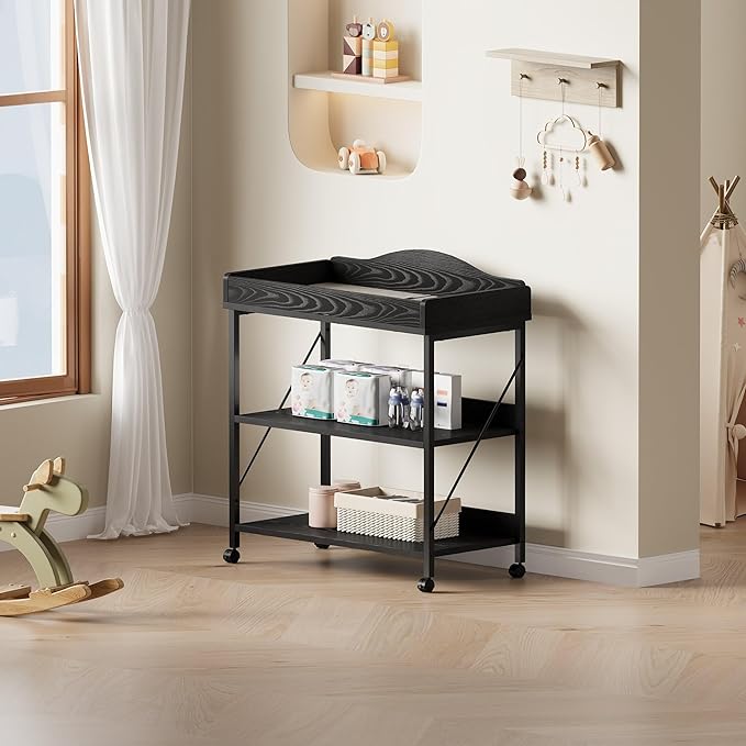 Baby Changing Table, Diaper Changing Station with Pad and Wheels, Two-Tier Open Storage Shelves, Waterproof Diaper pad & Safety Strap,Compact Baby Furniture for Nursery, Black