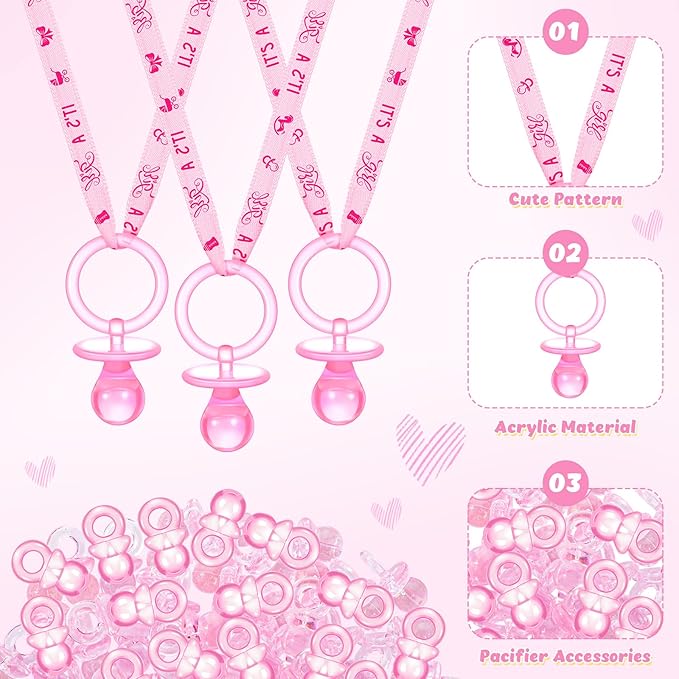 74 Pieces Baby Shower Pacifiers 24 Necklace Acrylic Plastic Pacifiers Baby Shower Game 50 Mini Plastic Charm Bulk for Party Decorations Games Table Scatter(Pink)