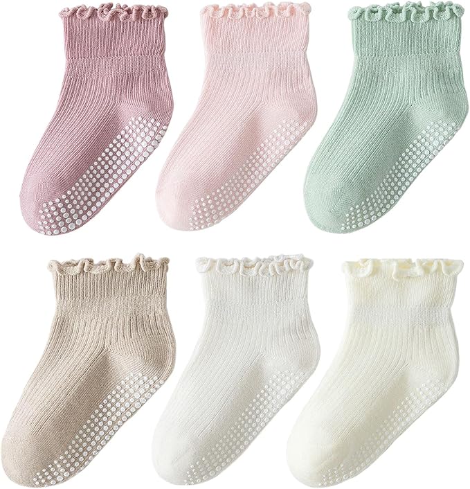 6 Pairs Toddler Ruffle Socks for Girls Baby Grip Socks Non Slip Socks Cute Grippy Frilly