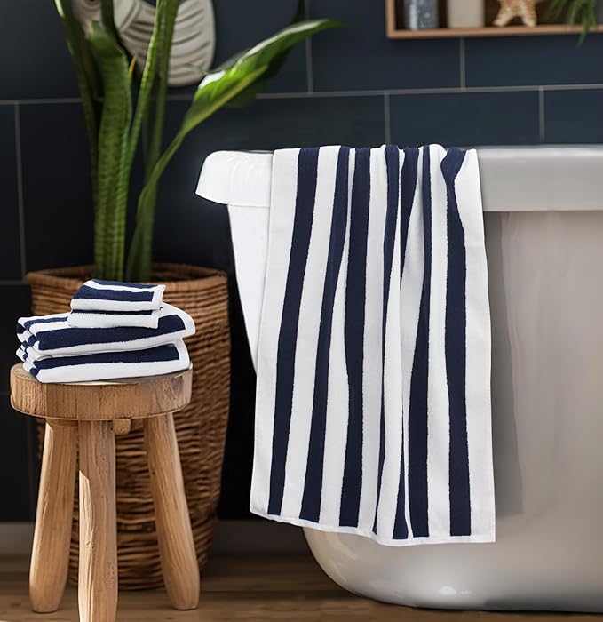 ORIGINAL KIDS 6 Piece Towel Set - Cabana Stripe - Rugby Stripe - 2 Bath Towels, 2 Hand Towels, 2 Washcloths - 100% Cotton - Soft Absorbent Quick Dry Durable Pool Shower Beach - Gift - Navy