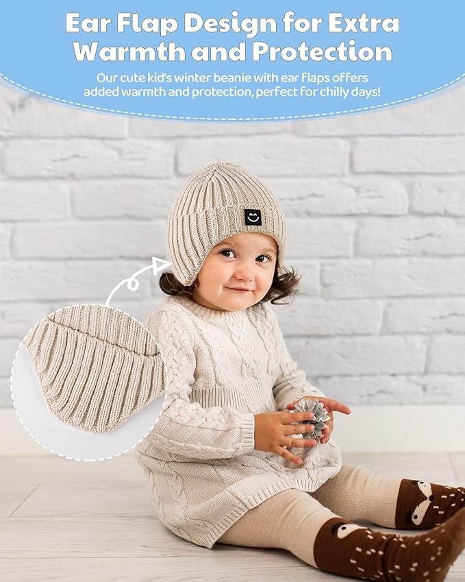Alepo 3 Pack Baby Beanie Hats with Earflaps, 2 Size Baby Winter Hat for Toddler Kids, Fleece Lined Knit Hat for Girls Boys