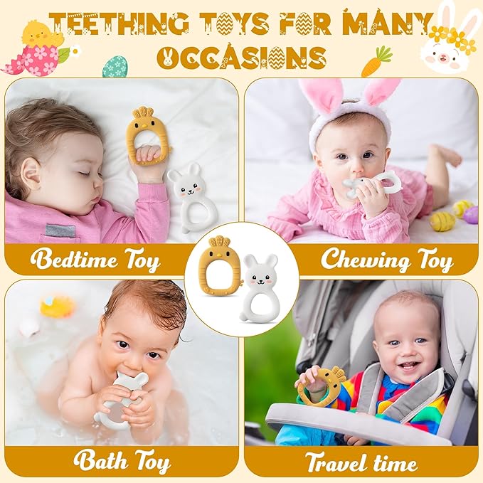 Easter Silicone Teethers for Babies - 2ooya 2Pcs Rabbit Chick Infant Teething Chew Toys, Toddler Sore Gums Pain Relief Toy for Newborn Boy and Girl Easter Spring Baby Shower Birthday Gifts
