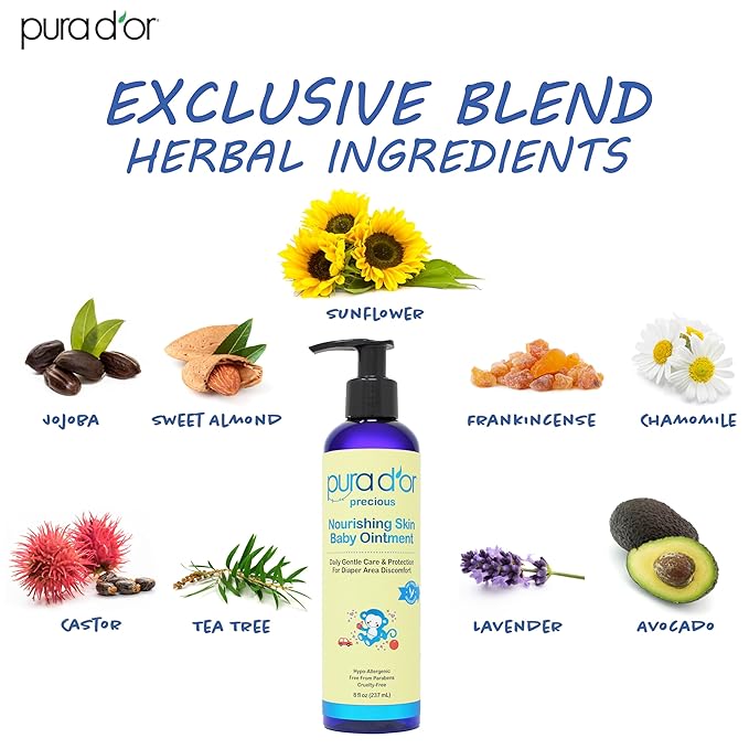 PURA D'OR 8 Oz Nourishing Skin Baby Ointment – Gentle Moisturizing Balm for Sensitive Skin, Diaper Area Protection & Soothing Hydration, Fragrance-Free, Vegan & Hypoallergenic