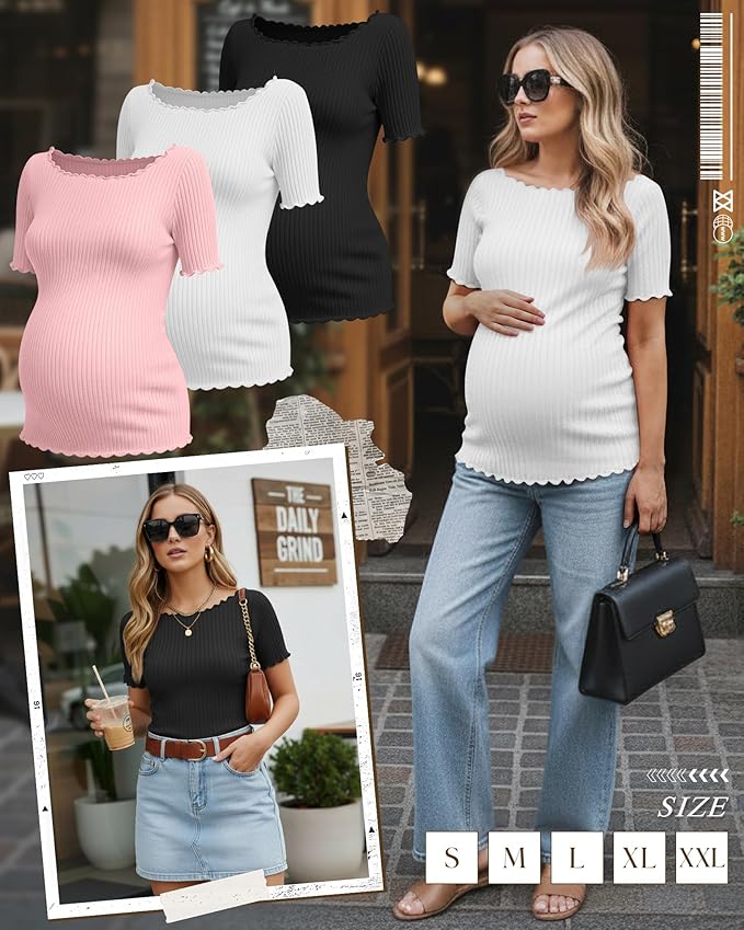 3 Pack Women's Maternity Ribbed Shirts Cotton Short Sleeve Pregnancy Tops Boat Neck Lettuce Trim Mama Clothes