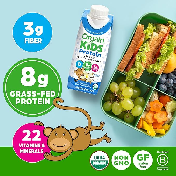 Orgain Organic Kids Nutritional Protein Shake, Vanilla, Healthy Kids Snacks, 8g Dairy Protein, 3g Fiber, 22 Vitamins & Minerals, No Soy ingredients, Gluten Free, Non-GMO, 8.25 Fl Oz (Pack of 12)