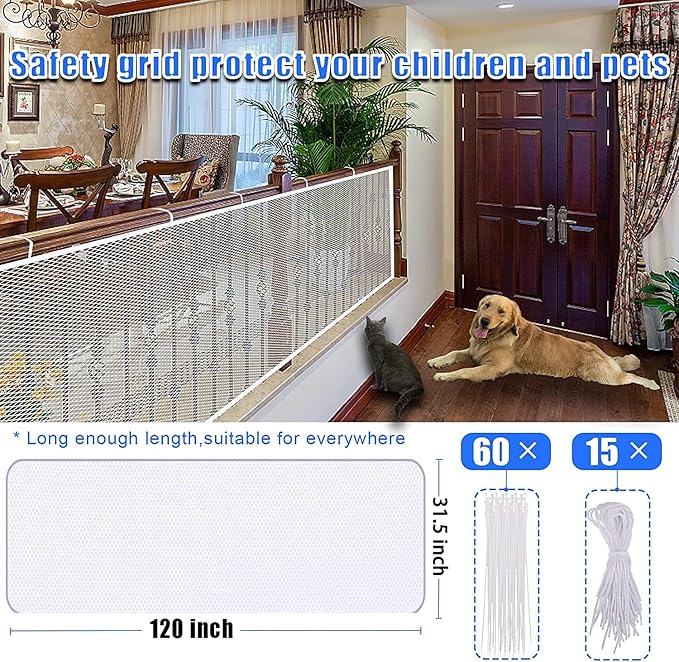 Stairway Net - Baby Safety Rail – Balcony Railing Guard -10ft L x 2.6ft H Banister Proofing Stair for Child, Small pet,Toy- Indoor & Outdoor(White)