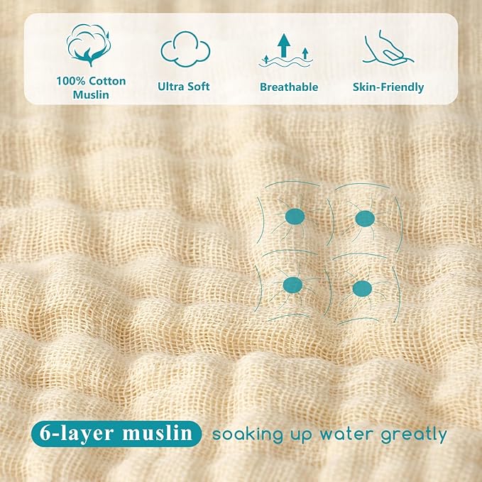 PHF 2 Pack Baby Hooded Towels, 100% Muslin Cotton Baby Bath Towel with Hood for Newborn, Infant, Toddler, Ultra Soft and Absorbent Baby Essentials Bath Towels for Boys Girls, 32x32Inch, Beige & Green