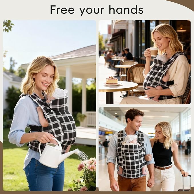 FRUITEAM Baby Carrier, Toddler Carrier with Adjustable Seat Size & Lumbar Support, Ergonomic Baby Carrier Newborn (7-25 Lbs), Easy to Wear, Travel and Hiking Friendly (Black White Check)