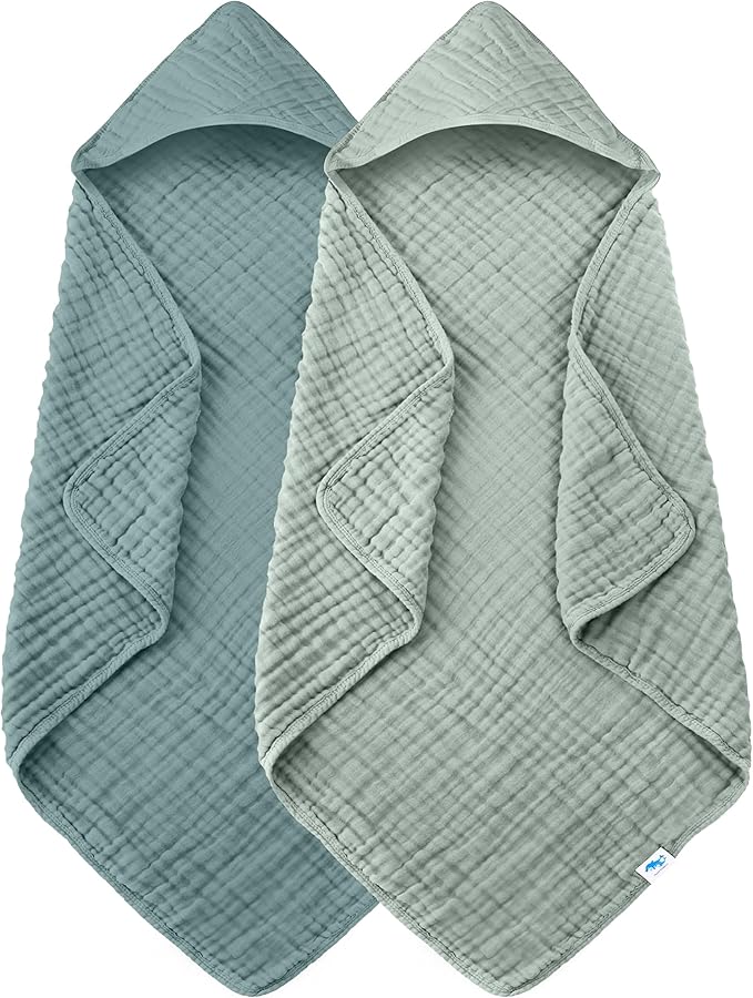 SWEET DOLPHIN Muslin Hooded Baby Bath Towels - 2 Pack 100% Cotton Towel for Babies, Infants, Toddlers - 32x32Inch - Highly Absorbent and Newborn Essential, Light Emerald