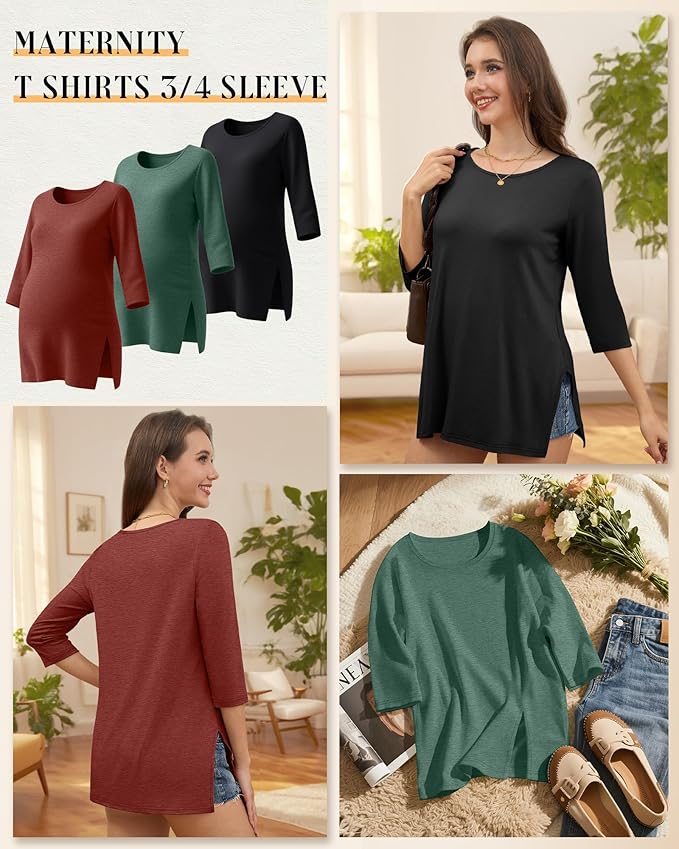 3 Pack Women's 3/4 Sleeve Maternity Shirts Elbow Length Clothes Round Neck Tunics Pregnancy Loose Side Split Tops