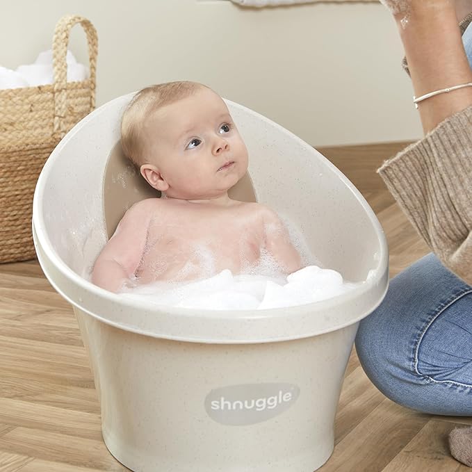 Shnuggle ECO Newborn Baby Bath | Recycled Material with Built-in Support Bump and Soft Backrest | Suitable from Newborn | Includes Water Plug | Cookies and Cream Colour | Beige Taupe Speckled
